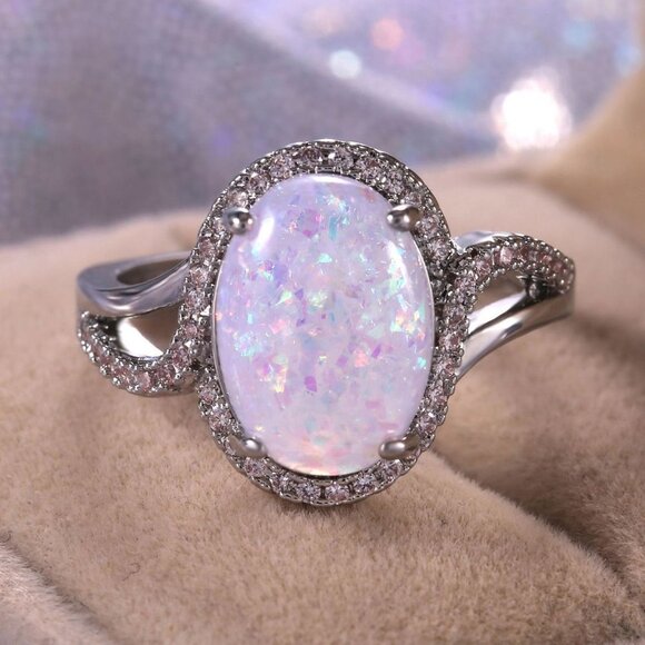 925 Silver Plated Dazzling Large Oval Gemstone Opal Ring for Women, VIP067 - Picture 7 of 7